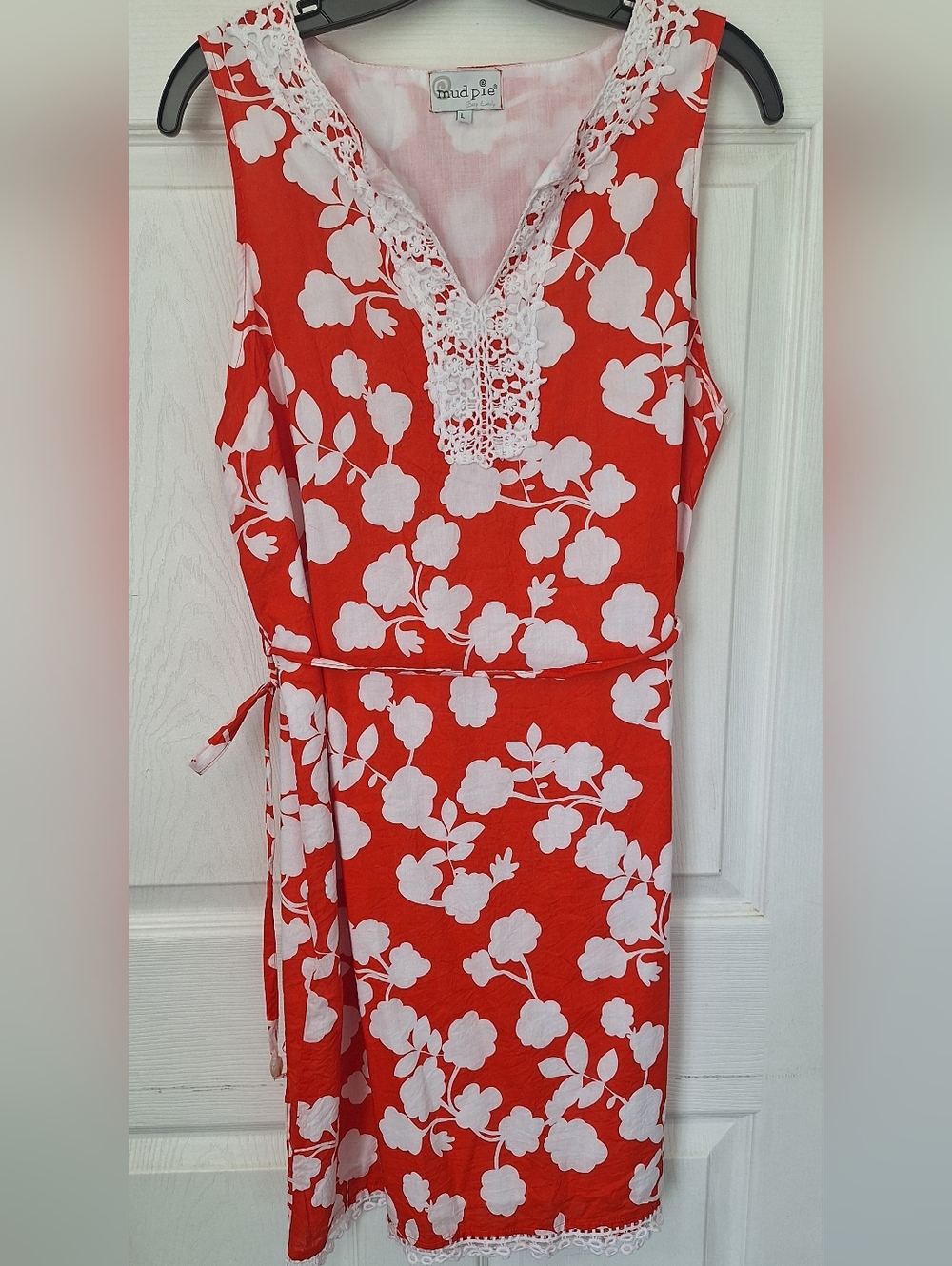 Mud Pie Floral Lace Trim Dress Orange White Boho Beach Vacation Tie Waist Size L